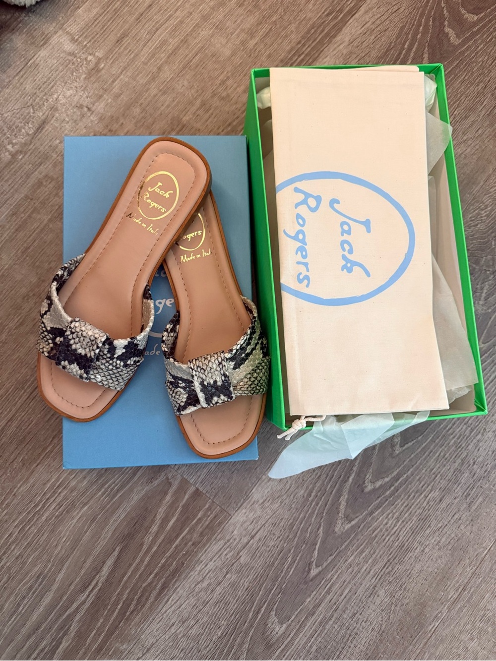Jack Rogers Monica Sandal

Snake-Print Slide Sandals in Black and Beige